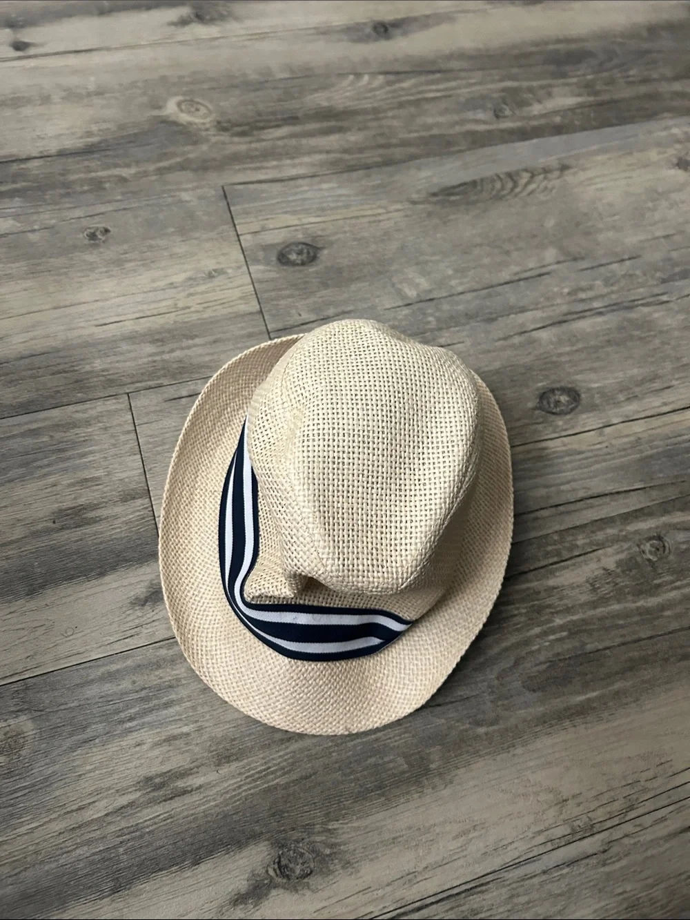Straw Fedora Hat with Navy & White Ribbon